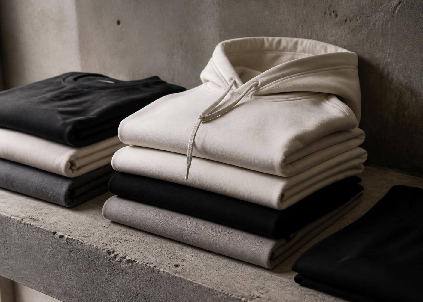 Garments on hangers with SKU and size labels in a warehouse