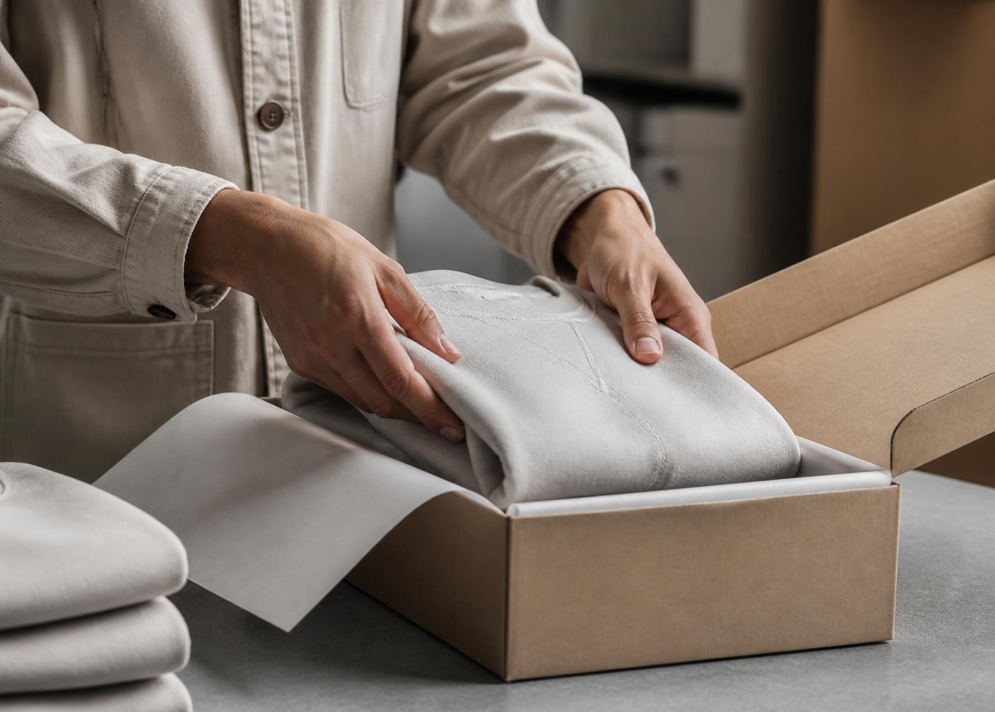Apparel being packed into an unbranded shipping box at a packing station